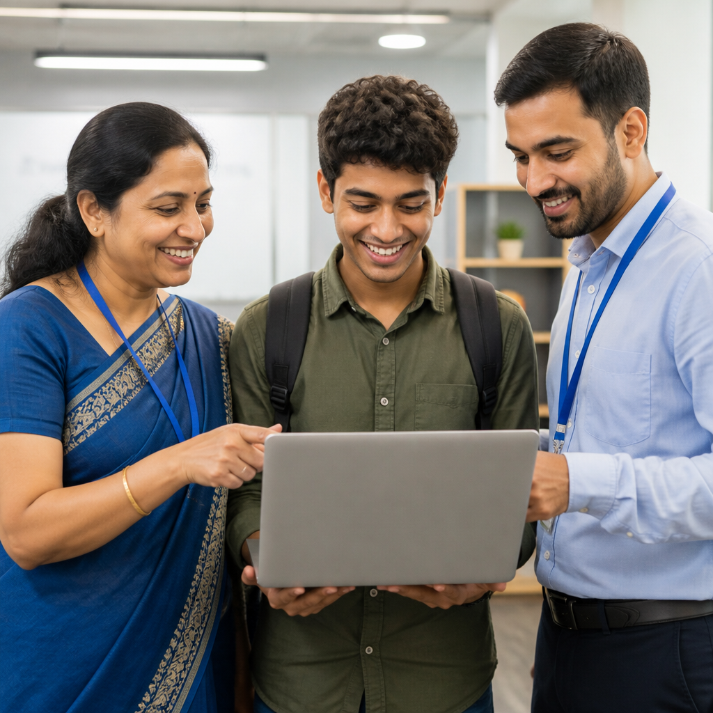 Education support team helping a student choose the right course
